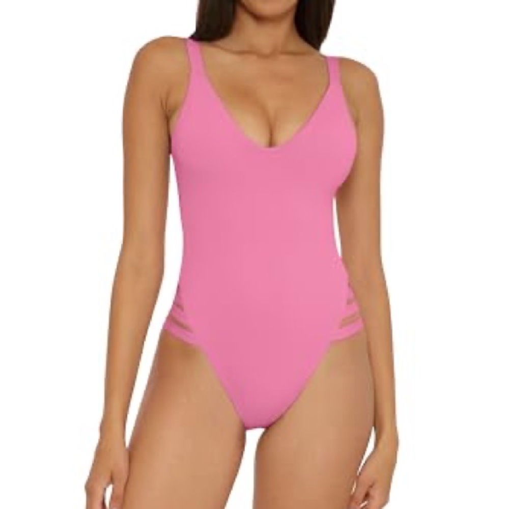 BECCA women’s V front ribbed plunge cut out sides one piece swimsuit size L NWT